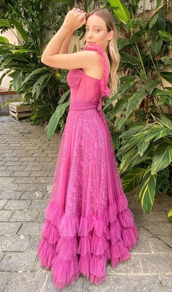 Vestido formal de tul rosa sin mangas, corte A, largo hasta el suelo, para noche formal, en tiendas con vestidos de fiesta.